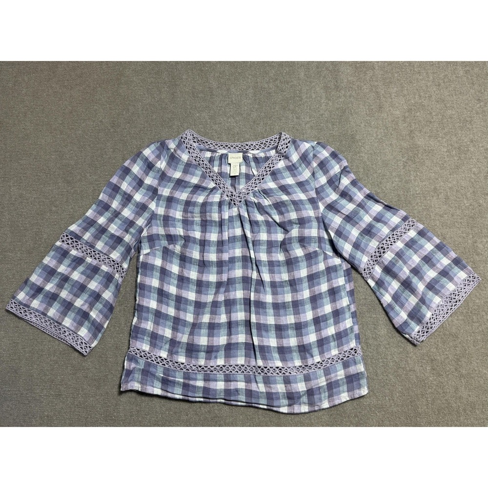 Chicos Blouse Womens Petite 0P Plaid Linen Crochet Trim Bell Sleeve Top Shirt